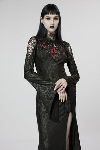 Close-up of model wearing the Punk Rave Queen of Hearts Ball Gown, showing red heart lace embroidery, high neckline, flared sleeves, and side slit, against a white background.
