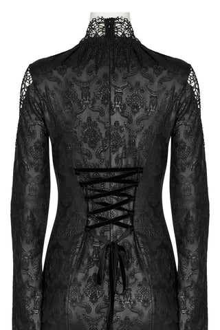 Back close-up of black Gothic lace dress with corset-style lace-up detail and high neck.