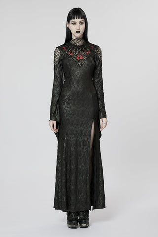 Model wearing the Punk Rave WQ-618 Gothic ball gown with red heart embroidery, lace high neck, long flared sleeves, and thigh-high slit, standing on a white background.