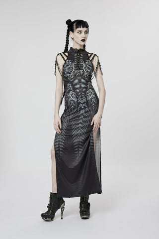 Woman wearing punk rave wq-622 long black cyberpunk dress with alien-style pattern and side slits