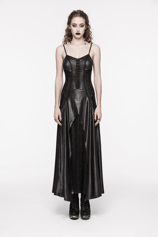 Black wet look gothic maxi dress with spaghetti straps, corset-inspired lace detailing, front slit and chiffon underlayer by Punk Rave.