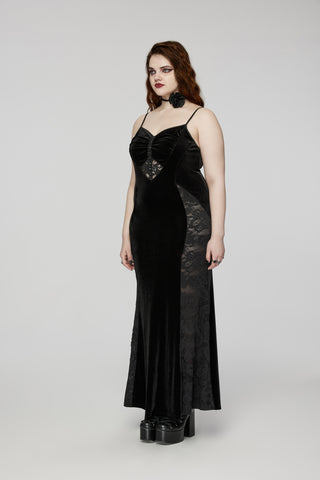 Side view of Punk Rave DQ-731 black gothic velvet maxi dress with lace panels