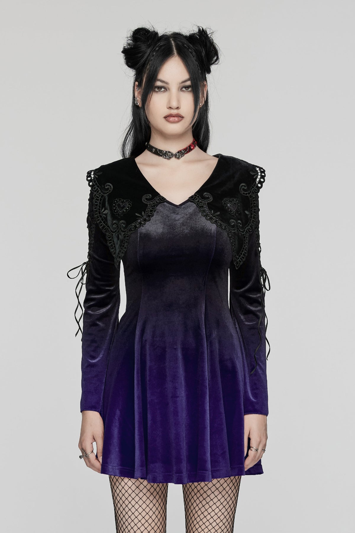 green emerald velvet dress Black with Red Punk/Grunge Dress / Female Weaving Knit Dress with Pentagram on A Collar main image 0