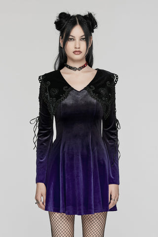 Punk Rave purple velvet corset mini dress with black lace trim, front view