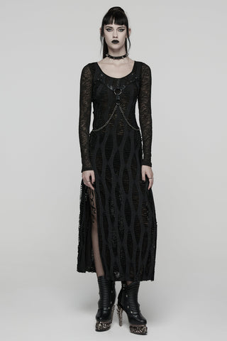 Black distressed mesh harness maxi dress with chains, long sleeves, and side slit