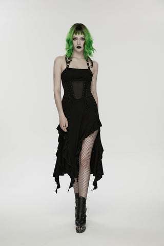 Black Mesh Asymmetric Corset Midi Dress - Punk Rave WQ-955 OtherWorld Fashion Black Mesh Asymmetric Corset Midi Dress - Punk Rave WQ-955 OtherWorld Fashion