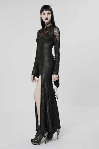 Model standing in profile wearing the Punk Rave Queen of Hearts Ball Gown with lace sleeves, red heart embroidery, high slit, and platform heels, photographed on a white background.
