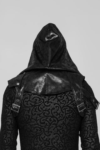 Back view of black cyber-goth hooded shoulder harness with oversized hood and buckle strap details worn by model