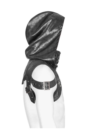 Side view of black cyber-goth hooded shoulder harness with oversized hood and adjustable buckle straps on mannequin