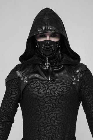 Model wearing black hooded shoulder harness with oversized hood and Cyber Mask on grey background