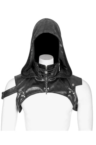 Black hooded shoulder harness with oversized hood and front zip detail on white mannequin display
