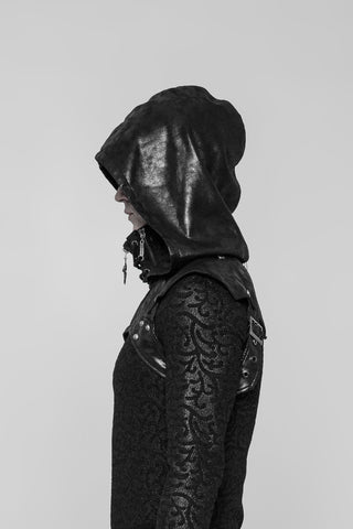 Side view of black hooded shoulder harness with oversized hood and fitted cyber-goth design worn by model