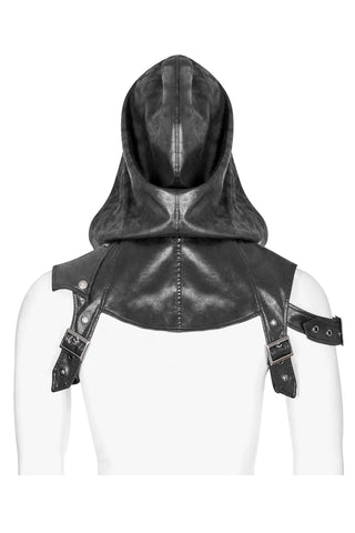 Back view of black cyber-goth hooded shoulder harness with oversized hood and adjustable buckle straps on mannequin