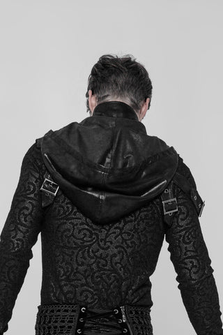 Back view of black cyber-goth shoulder harness with hood down and buckle strap details worn over textured gothic top by model