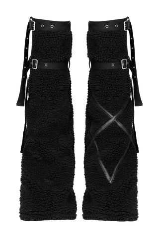 Black flared sherpa legwarmers with buckle straps shown front-facing on a white background.
