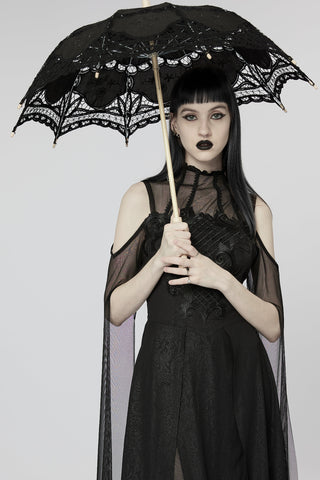 Model in black Gothic dress holding the ‘punk rave ws-549’ Victorian cotton lace parasol against a light grey background
