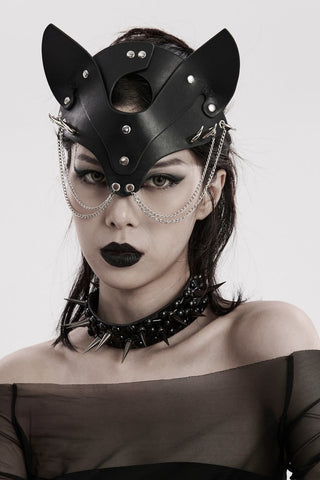 Gothic choker with glossy rivets and long tapered spikes worn by a model