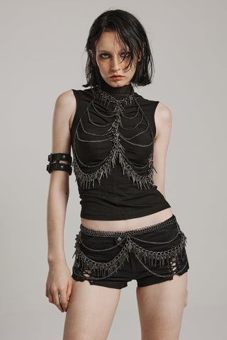 Punk Rave WS‑621 women’s black sleeveless top and shorts set with layered chain embellishments