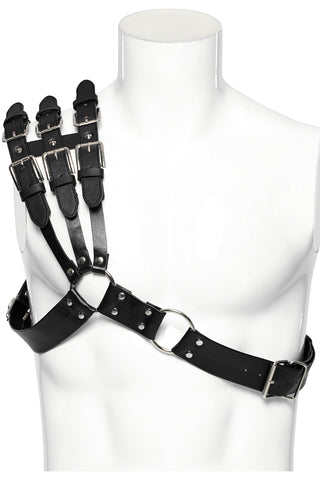 Punk Rave WS-636 black faux leather one-shoulder harness with multi-strap buckled shoulder detail and O-ring hardware, displayed on a white mannequin torso.