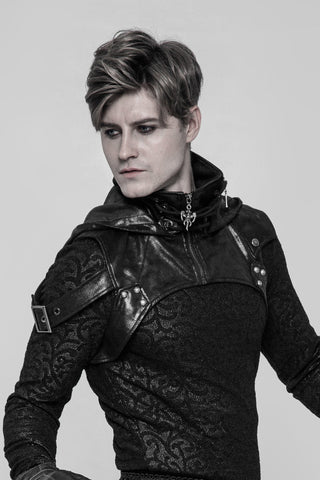 Black cyber-goth shoulder harness with hood down, buckle straps and high collar worn over textured gothic top by model