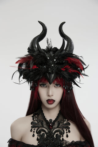 Model wearing punk rave ws-729 a dramatic Gothic black and red horned headpiece with feathers, sequins, and hanging beads on a white background.