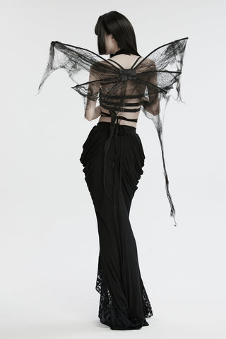 Back view of model wearing Punk Rave ws-736 tattered black mesh moth wings—wired frame with subtle sequins and elastic shoulder straps—white studio background.