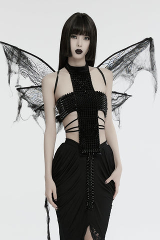 Front view of model in black wearing tattered black mesh moth wings by Punk Rave—wired frame with subtle sequins—on a white studio background.