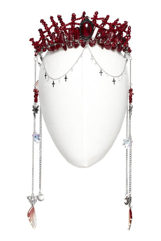 Punk Rave WS-784 Gothic red jeweled crown with central gemstone, spiked crystal details, and silver cross chain draping, front display view