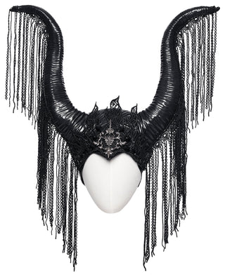 Punk Rave WS-792 Maleficent-style black horned headdress with cascading chain fringe, displayed flat on a white background.