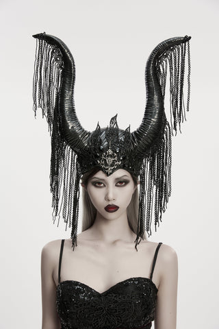 Punk Rave WS-792 Maleficent-inspired black horned headdress with cascading chains, gothic filigree, and dramatic tall horns, worn by model on white background.