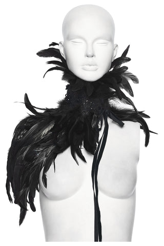 Front view of black Gothic feather shawl with high collar and asymmetrical shoulder design displayed on a mannequin.