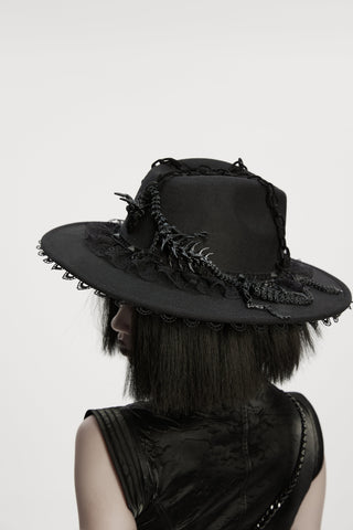 Back view of a black Gothic hat with lace trim, chain accents, and dragon bone details.