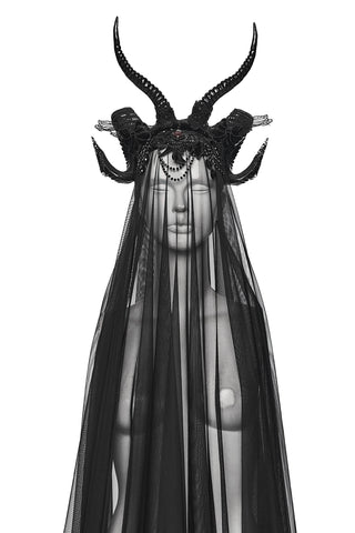 Black Gothic horned headdress with lace veil and gemstone detail displayed on mannequin, front view against white background.