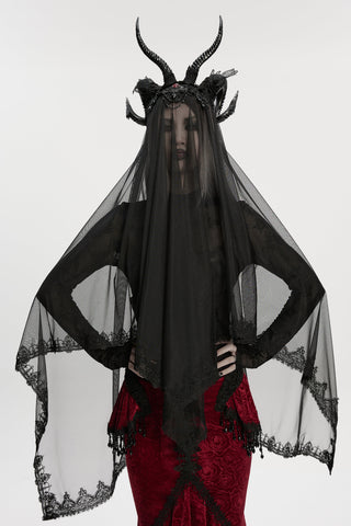 Punk Rave WS-833 Gothic horn crown with black beaded lace veil styled over dramatic red velvet Gothic dress.