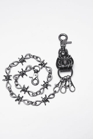 Punk Rave ws-858 barbed-wire style chain keychain with spider clip and multiple hooks laid flat on a white background.
