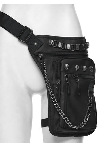Punk Rave WS-868 men’s Gothic waist–leg bag with skull studs, chain detail, and zip compartments shown on a mannequin.