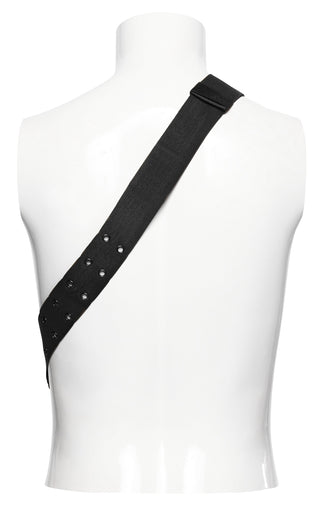 Adjustable black crossbody strap with metal eyelet details on white mannequin display