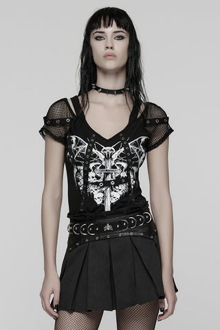 Model wearing a black Punk Rave wt-1057 T-shirt with a skull and sword print, fishnet sleeves, shoulder cut-outs and eyelet straps.