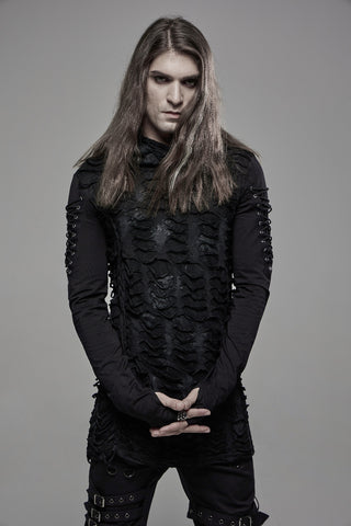 Model wearing the Punk Rave WT-438 black distressed hooded top with lace-up sleeves