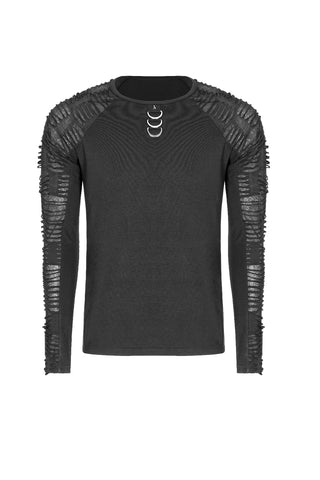 Flat lay of Punk Rave WT-524 black Gothic long-sleeve top with ruched mesh sleeves and triple metal ring detail, on a white background