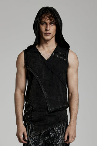 Model wearing punk rave wt-770 a sleeveless black asymmetric hooded top with stonewashed texture, eyelet strap details, and layered front design on a grey background.