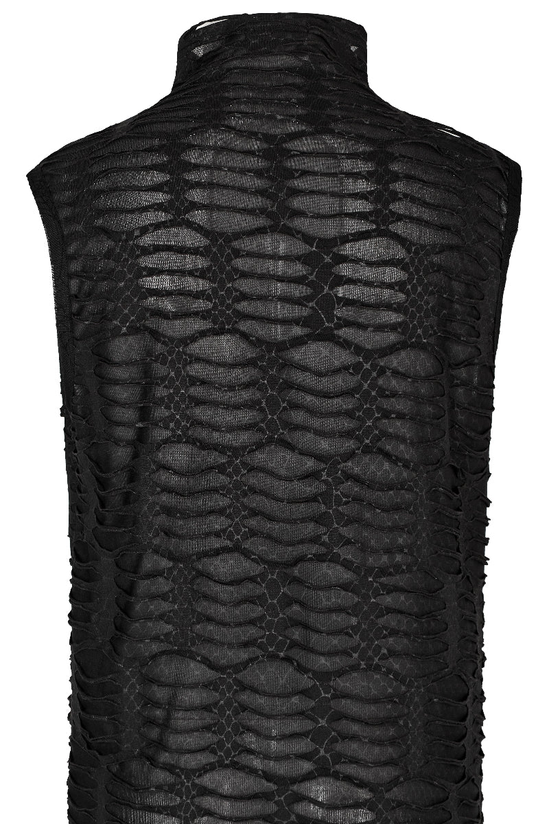 Flat lay back view of Punk Rave WT-777 sleeveless distressed mesh top with high neck design