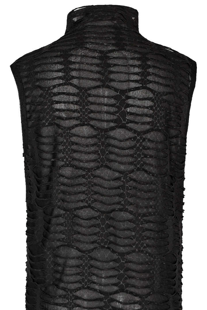 Flat lay back view of Punk Rave WT-777 sleeveless distressed mesh top with high neck design