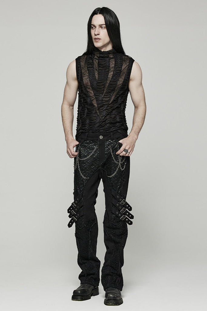 Full-body view of model wearing Punk Rave WT-777 black sleeveless top with distressed mesh and spiderweb detail, styled with Gothic chain pants