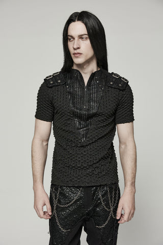 Black scale-textured men’s top with gloss zip chest panel and buckle shoulder pads worn by model
