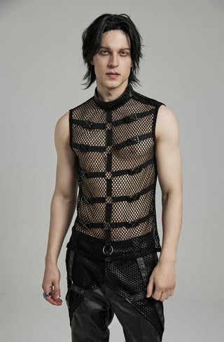black mesh harness vest with strap buckles and metal ring details on model, sleeveless fitted top