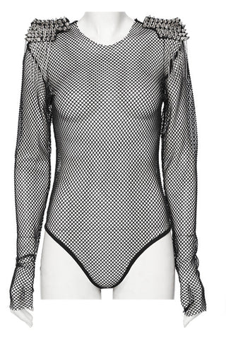 Punk Rave WT-957 women’s black mesh bodysuit with spike studs on shoulders