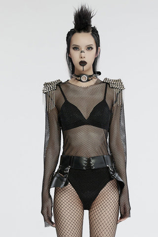 Model wearing Punk Rave WT-957 mesh bodysuit with studded epaulettes, styled with black lingerie and belt