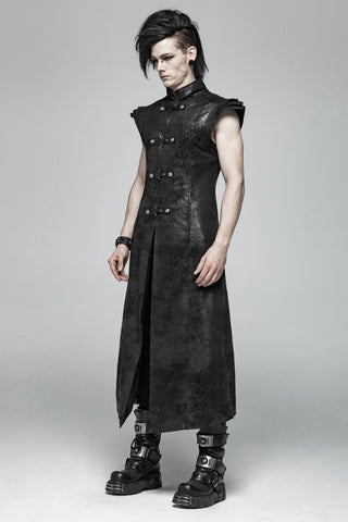 Side angle view of a long black distressed coat with structured shoulders, high collar and sleeveless fitted silhouette.