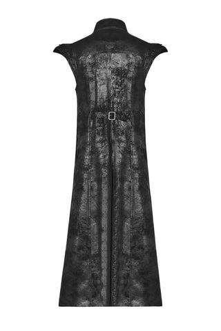 Back view of a long black distressed coat with sleeveless cut, structured shoulders and adjustable waist strap detail.